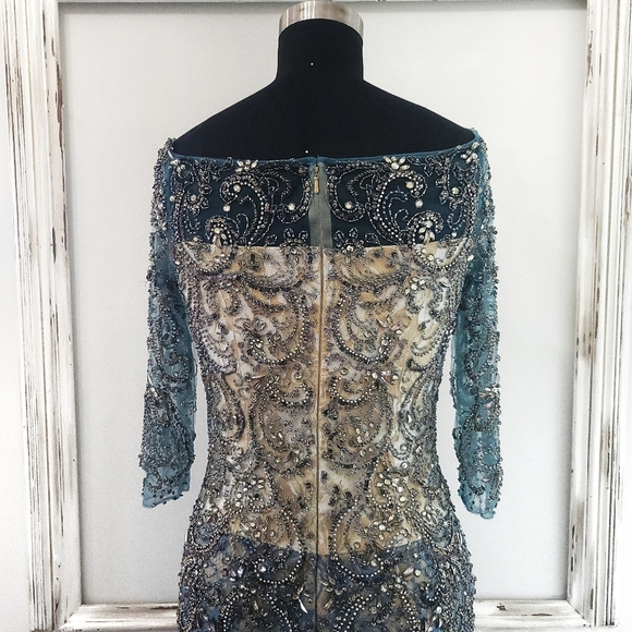 Mac Duggal Beaded Embroidered Metallic Lace Boatneck Cocktail Dress - Picture 14 of 15